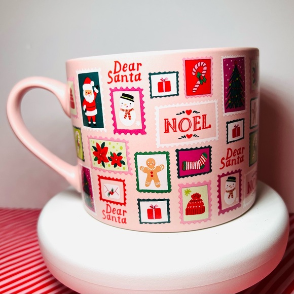 Festive Pink Holiday Mug with Christmas Stamps Dear Santa Snowman Noel Stocking - Picture 2 of 14
